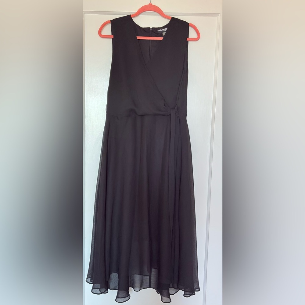 Karl Lagerfeld Paris Black Dress Sheer Overlay Sleeveless Tie Bow Size 16